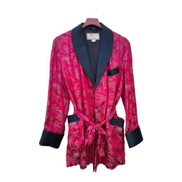 Vintage Oriental Satin Brocade Smoking Jacket w/ Black Pants Men Size 48 - Picture 1 of 13